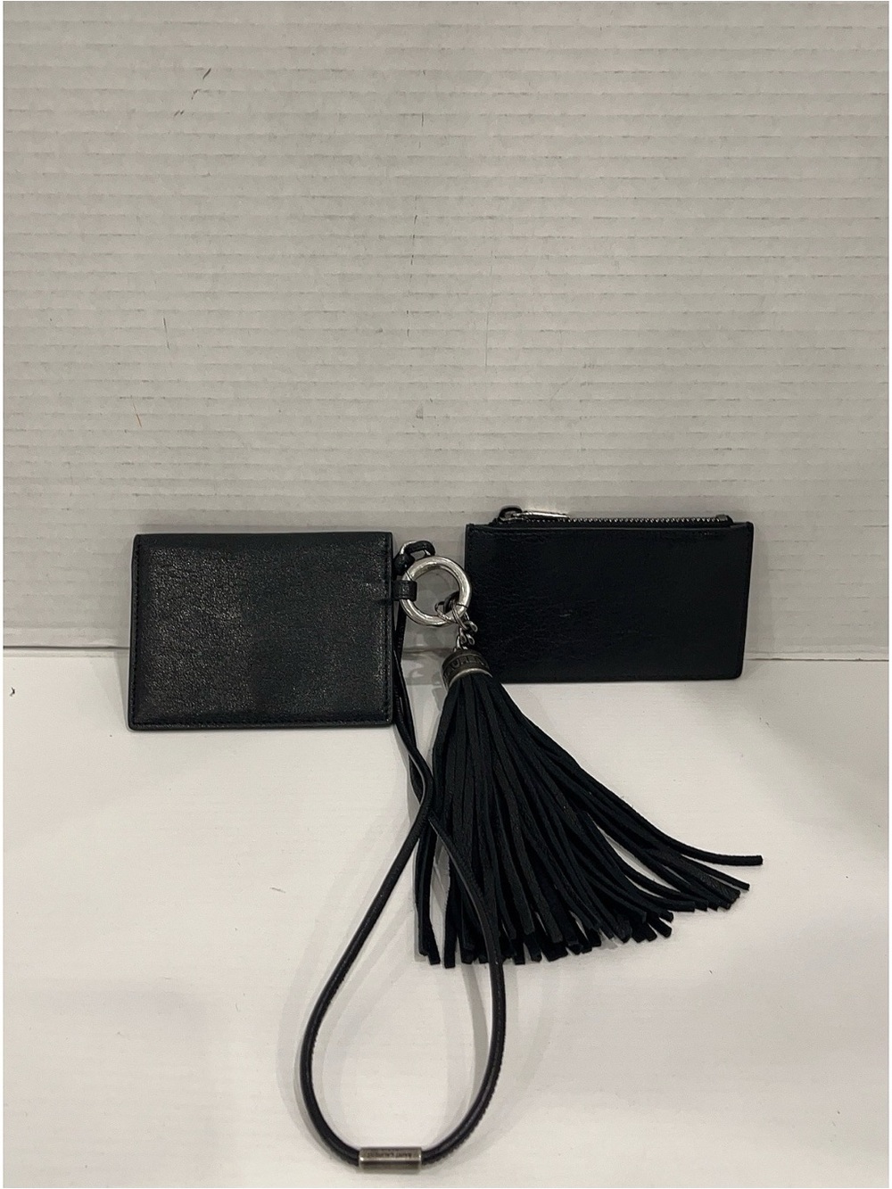 Saint Laurent YSL Black Leather Multi Pouch Card Holder Tassel Keychain Set